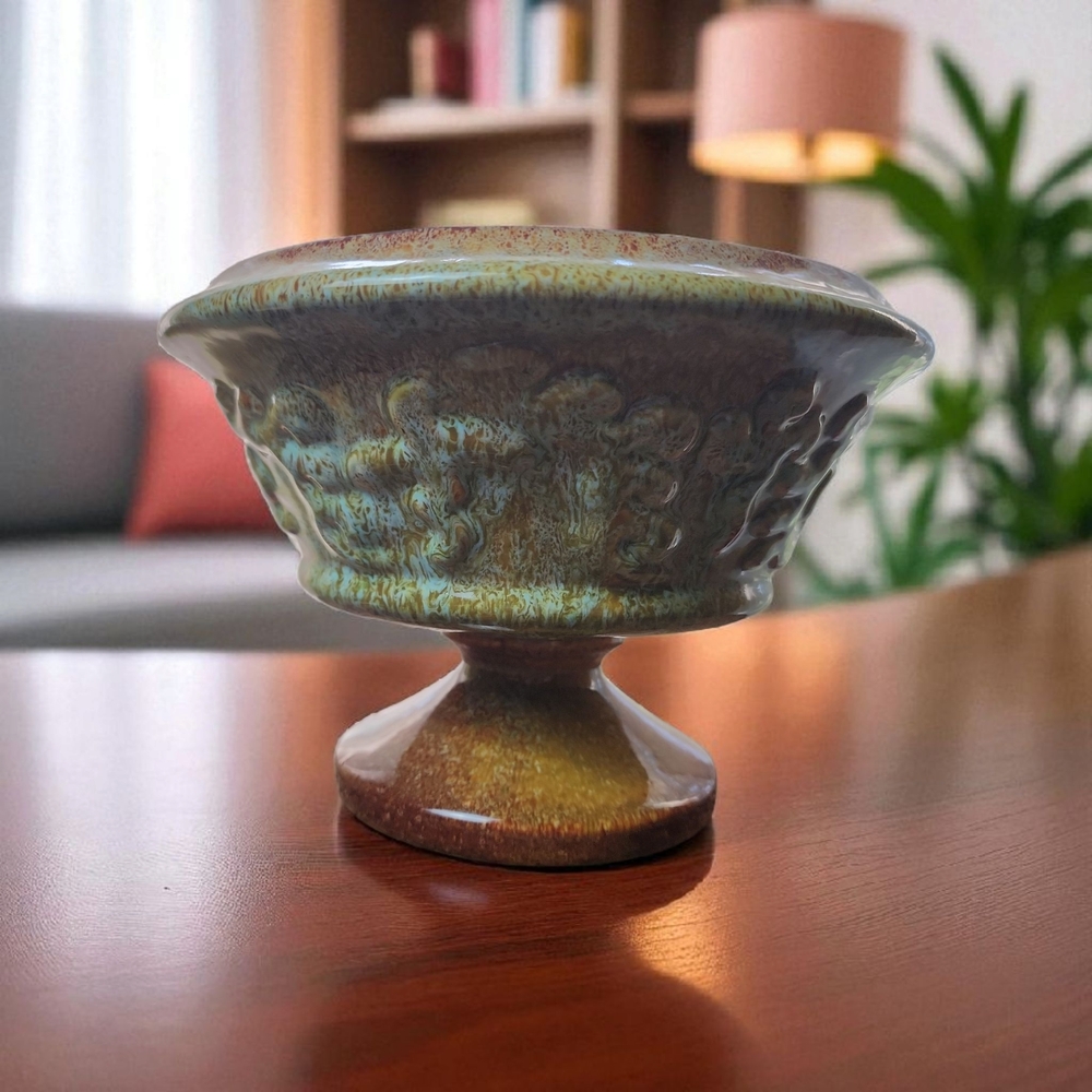 HAEGER | MCM Artisan Green and Brown Ceramic Pedestal Footed Bowl Planter‎